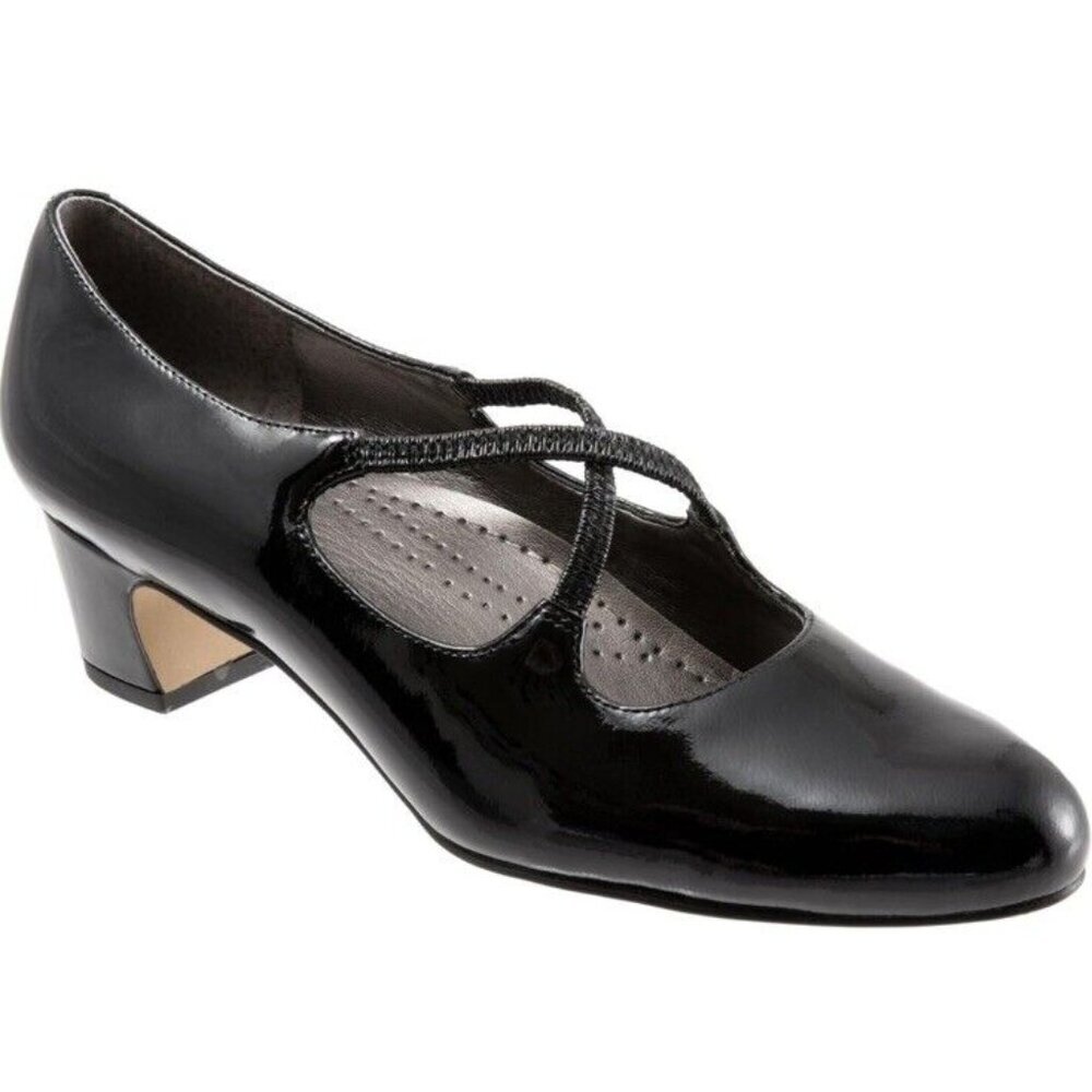 Trotters Black Patent Leather‎ Jaimie Cross-back Pump Womens 8 Slim Shoe New